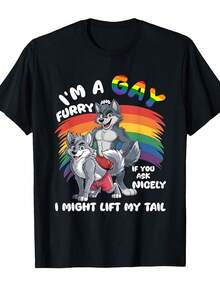 [Pride Month T-Shirt] Men's Fun Gay Furry Pride Month T-Shirt  Rainbow Fox And Dog Pattern I Am Gay Furry Slogan, Comfortable Crew Neck Short Sleeve Casual T-Shirt, Suitable For Ca - Black - View 11