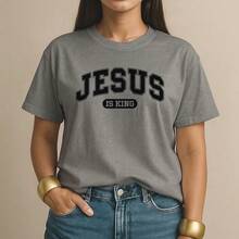 Women's T-Shirt 100% Cotton Jesus Is King Christian Print College Christian Casual Everyday Style - Xám - Xem 1