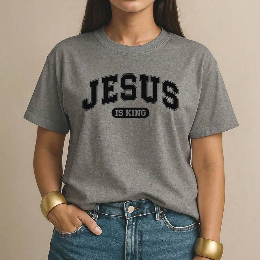 Women's T-Shirt 100% Cotton Jesus Is King Christian Print College Christian Casual Everyday Style - Xám - Xem 1