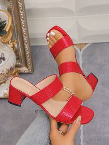 2026新款方头粗跟石纹性感波西米亚镂空时尚女式凉鞋 - 紅色 - 查看 1
