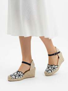 Calzados soraia, Sandalias de Cuña Tipo Alpargata con Brillo Plateado - Zapatos de Esparto con Bordado de Flores y Hebilla - Plata  Bohemio    Hebilla    Vacación - Negro - Ver 2