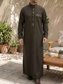 Muslim Men Long Sleeve Color Block Shirt Collar Design Button Decor Long Robe, Premium Fabric Arabic Men Long Robe - Coffee Brown - View 1