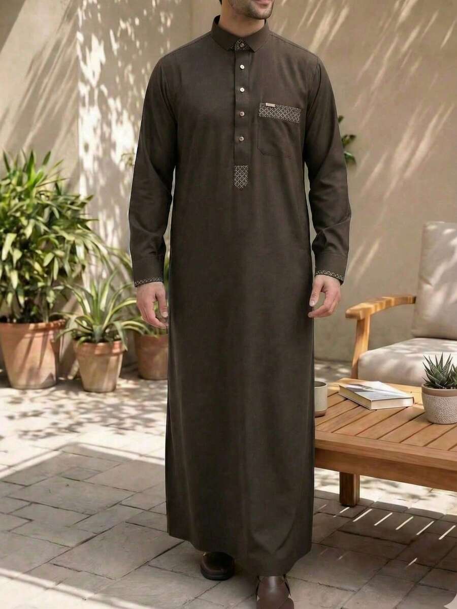 Muslim Men Long Sleeve Color Block Shirt Collar Design Button Decor Long Robe, Premium Fabric Arabic Men Long Robe - Coffee Brown - View 1