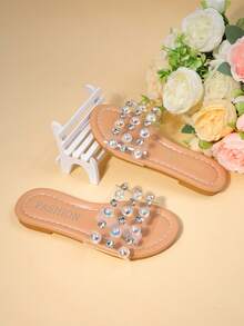 1 Pair Girls' Nude Transparent Sandals With Rainbow Diamond Decor, Open Toe Flat, Comfortable Sparkling, Sweet And Ethereal, Suitable For Summer Street Wear - Clear - View 6