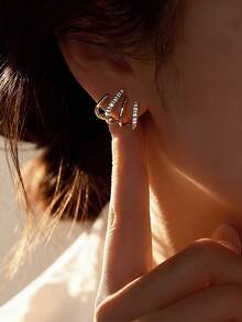 1pair Fashionable Multi-layered Geometric Arc-shaped Earrings With Four Claw Set Rhinestones For Women - Yellow Gold - View 6