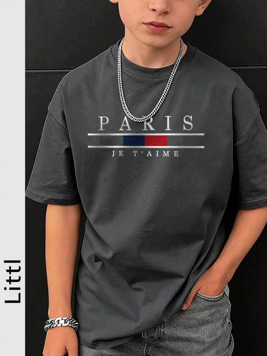 Tween Boy Casual Printed Dark Gray Round Neck Short Sleeve T-Shirt, Summer Top - Dark Grey - View 1