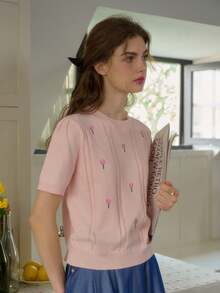 Simple Retro 简约复古女式秋季刺绣撞色圆领粉色优雅复古气质休闲短袖套头毛衣 - 粉色 - 查看 5