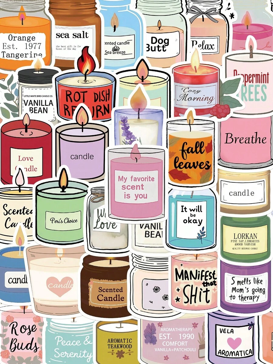 50pcs Colorful Cartoon Aromatherapy Candle Sticker Aesthetic Graffiti Decal For Laptop Luggage Notebook Scrapbook Phone Sticker HD Printing PVC Gift (Not Easy To Fall Off) - 1 Set - View 1