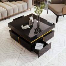 Coffee Table, High-Gloss Lacquered Living Room Table, Side Table With Drawers And Gold Details - Black - View 5