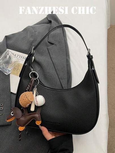 时尚、经典、百搭的纯色PU防水面料拉链手提包，优雅女士商务通勤包，字母图案装饰女士钱包，新月形吊坠装饰包，单肩新月形包，适合外出、购物、通勤上班、聚会和集会。