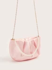 1pc Girl's Fashionable Floral Ruffle Cloud Pearl Handbag, Elegant Evening Bag, Unique Design Chain Shoulder Crossbody Bag - Pink - View 2