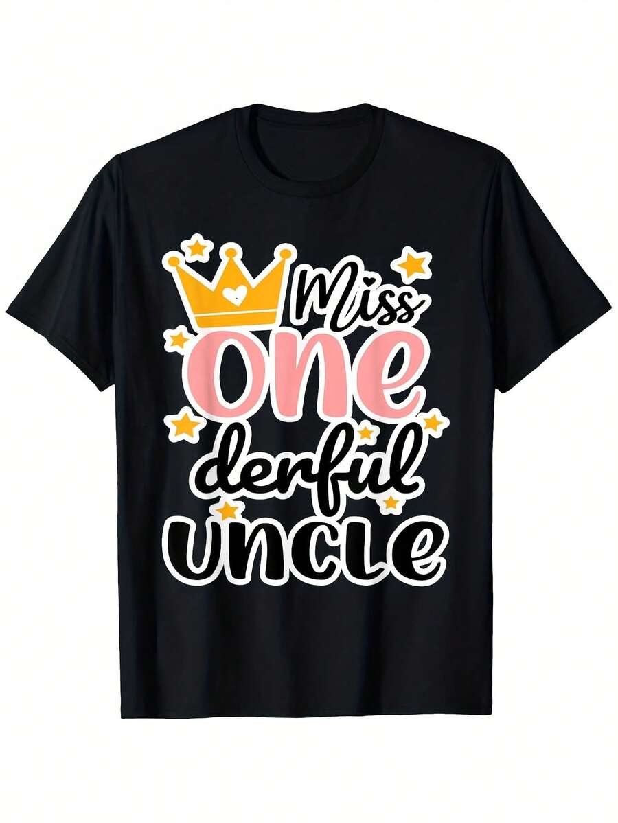 Camiseta para hombre con texto "Miss One Derful Uncle 1st Birthday Family Party" - Camiseta informal de verano con cuello redondo 100 % algodón y diseño divertido de estrellas y coronas, ligeramente elástica, lavable a máquina, tallas S- - Negro 33 - Ver 1