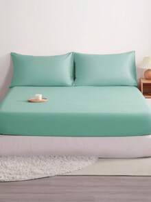 3pcs Solid Color Fitted Sheet Set  With 1pc Fitted Sheet+2pcs Pillow Case Without Filler, Modern Soft Bedding Set For Household Sheet Deep Pocket Up To 15 Inch - 海綠色 - 查看 1