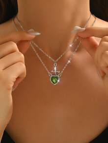 2pcs Best Friend/Couple Creative Elegant Crossed Heart Rhinestone Pendant Necklace, Suitable For Holidays, Anniversaries, Birthdays, Gift For Sisters, Girlfriends - Green - View 4