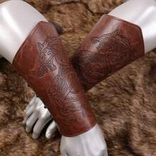 2pcs Textured PU Leather Arm Cuffs, Adjustable Medieval Cosplay Wrist Wraps - A - View 3