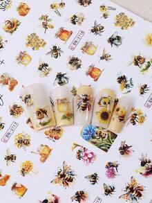 1张12款蜜蜂系列美甲贴纸，包括滴落蜂蜜、雏菊花、蜜蜂图案水贴，美甲装饰，春夏美甲用品 - 彩色 - 查看 5
