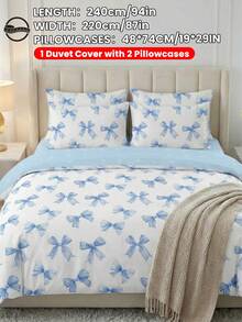 2/3件套床上用品套装，柔软透气，亲肤舒适，卡通风格被套套装，柔软抗起球，可爱家居纺织品，房间装饰，浅蓝色蝴蝶结印花被套套装，包含被套和枕套，不含被芯，适用于单人床/双人床/大号床/特大号床，四季皆宜，时尚可爱，卧室和宿舍适用，可机洗，通过OEKO-TEX认证 - 彩色 - 查看 24