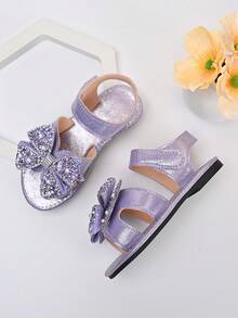 A Pair Of 2026 New-Style Girls' Glittery Bowlace Sequin-Embroidered Non-Slip Slip-On Low-Heeled Flat Sandals | Suitable For Weekend Family Outings / Sister Tea Parties / Kindergarten Activities - Purple - View 6