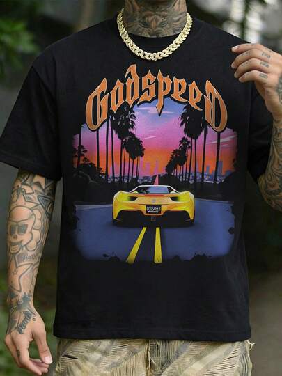 男士日落跑车图案T恤，复古西海岸街头风圆领短袖T恤，适合夏季休闲穿着