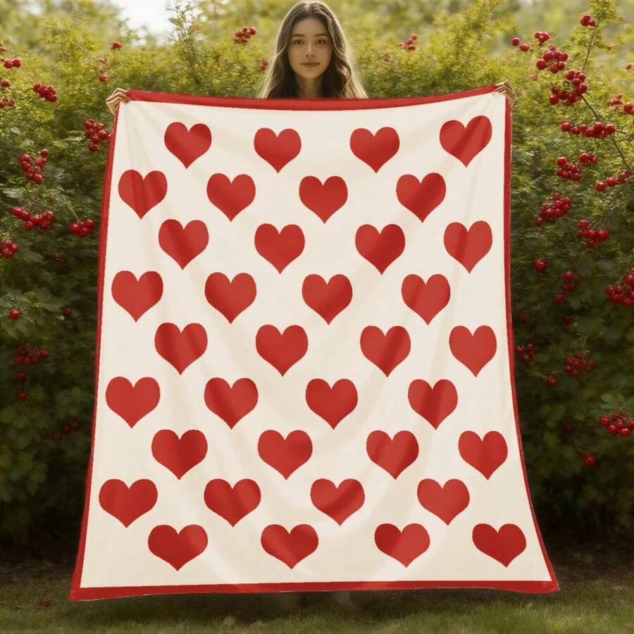 1pc Flannel Blanket With Large Red Hearts Pattern| Soft Beige Background, Perfect For Valentine'S Day, Cozy And Warm, Polyester, Digital Print, All Seasons Use, Machine Washable - White - View 1