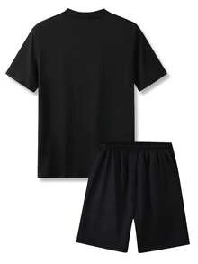 男士夏季宽松短袖T恤短裤套装，个性化字母印花图案，时尚休闲装，带口袋和抽绳腰带的裤子，适合跑步、高尔夫、钓鱼、篮球、露营、健身、游泳和海滩等活动，是送给丈夫或男友的绝佳礼物。 - 黑色 - 查看 2
