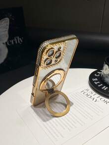 1pc Rhinestone Electroplated Laser Engraved Mirror Stand TPU Phone Case, Compatible With IPhone 16/7P/8P/X/XS/XR/XS Max/11/11 Pro/11 Pro Max/12/12 Pro/12 Pro Max/13/13 Pro/13 Pro Max/14/14 Pro/16 Plus/14 Pro Max/15/15 Pro/15 Plus/15 Pro Max - Gold - View 6