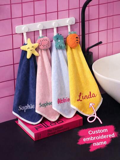 Custom Cute Cartoon Hand Towel With Name, Personalized Hanging Hand Towels For Kitchen And Bathroom Home Decor, Soft Daily Use Gift For Mother'S Day Or Father'S Day, Customized Embroidered Name Towel In Four Colors, Practical And Fun, Customizable