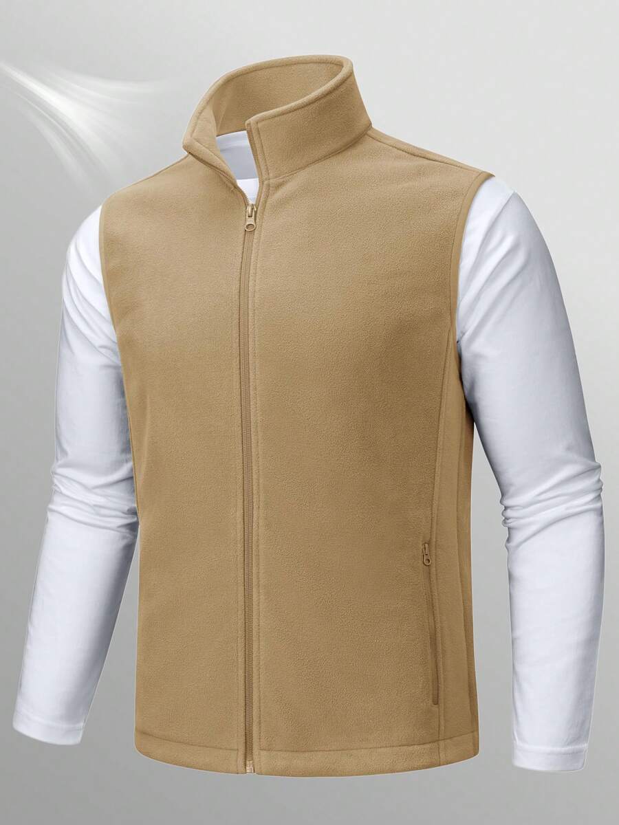 KEFITEVD Men's Fleece Vest Zip Up Lightweight Vests Outerwear With Pockets Winter Warm Sleeveless Jacket For Hiking Golf - Màu Khaki - Xem 1