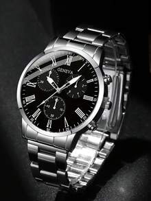 3-Piece Luxury Business Men's Watch Set, Including Black Dial Roman Numeral Quartz Watch, Black Embossed Leather Wallet, And Black Leather Keychain With Silver Ring. Multi-Functional Chronograph Design, Radiating Steady And Elegant Charm. Suitable For New Year Commute, Business Meetings, Daily Outings, And Various Occasions. - Silver - View 4