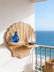 1pc Neutral Color Shell Shaped Decorative Wall Mounted Storage Rack, Minimalist Elegant Space-Saving Wall Hanging Organizer, Coastal Boho Style Home Decor Rack, Shell Inspired Fan-Shaped Double-Tier Platform, Functional Wall Mounted Shelf For Displaying Small Decor Items & Plants, Suitable For Living Room, Bedroom, Bathroom, Entryway, Apartment - Wood Color - View 3