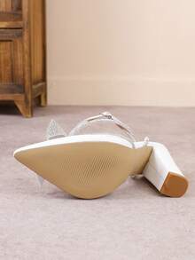 Elegant Women's Pointed Toe Solid Color High Heel Pumps, Fashion Rhinestone Bow Sexy Rhinestone Strap Shoes - White - View 4