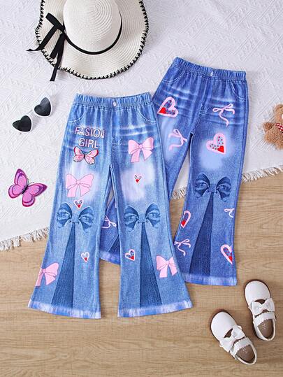 2pcs Set Young Girl, Fashionable Two Pieces Suitable For Sweet Girls, Featuring Printed Flare Pants In Faux Denim Fabric, Stretchy Trousers Suitable For Daily Wear And Outdoor Activities In Spring/Summer, Ideal For Outdoor Use