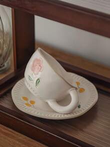1pc Vintage Floral Glazed Ceramic Coffee Cup & Saucer Set, Niche Creative 3D Embossed Distressed Teacup, Elegant Afternoon Tea Cup, High-Quality Latte Art Cup, Lovely Office Milk Cup, Housewarming/Birthday Gift For Her - Multicolor - View 4