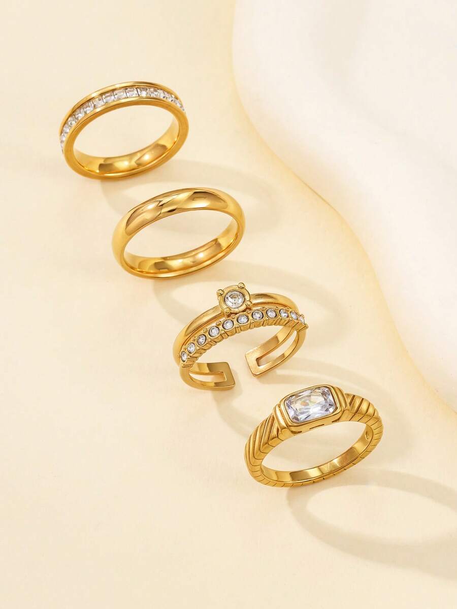 4pcs 18K Gold Plated Stainless Steel Jewelry Set With Rhinestones, Featuring Heart, Chain, And Geometric Patterns, Suitable For Women To Stack Or As Gifts - Yellow Gold - View 1