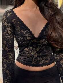 Onicee Women's Summer Tops Black Sexy V-Neck Lace Blouse, Suitable For Carnival, Mother's Day, Dates, Gatherings, Parties, Travel, Vacation, Beach And Other Occasions - Black - View 2