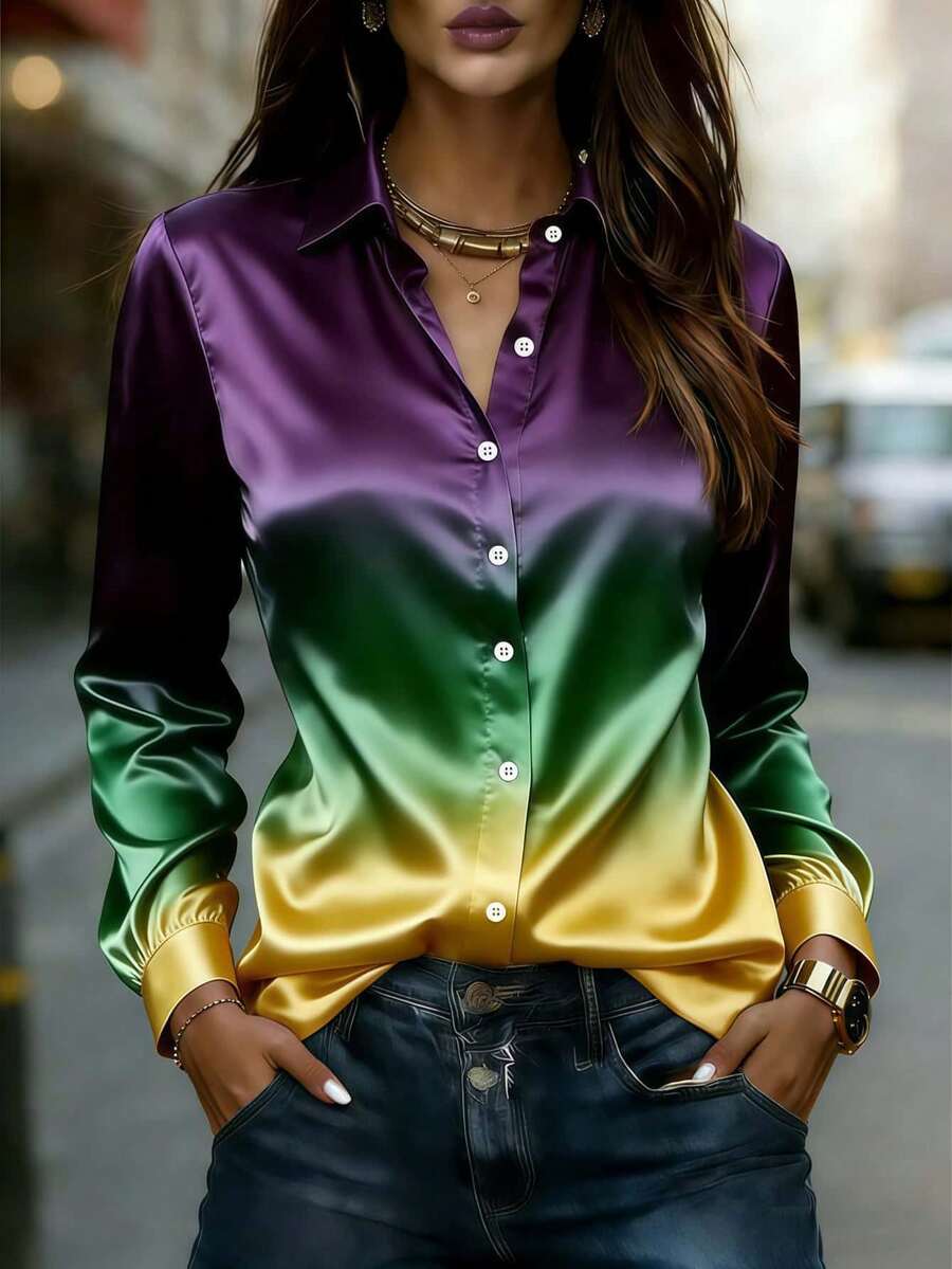 Áo kiểu dài tay bằng vải satin ombre dành cho nữ, chất liệu dệt thanh lịch, dáng suông, thích hợp cho kỳ nghỉ xuân. - Nhiều màu - Xem 1