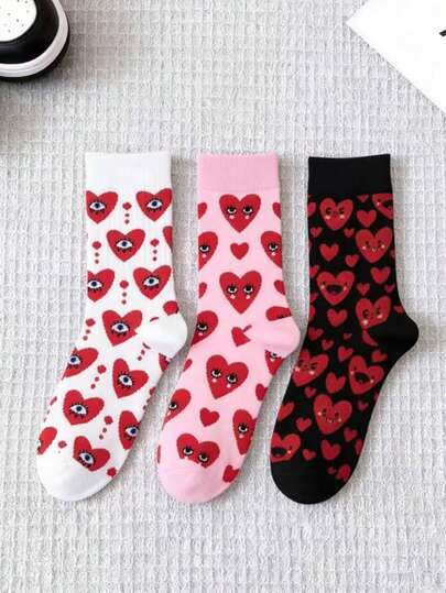 3 Pairs Random Valentine's Day Heart Graphic Sports Mid-Calf Socks, Comfortable & Soft, Unisex Couples Design, All Season