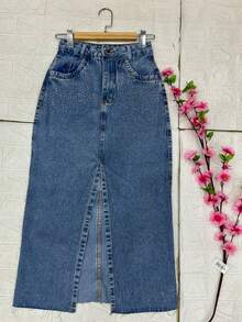 Denim Midi Skirt With Glitter And Frayed Hem. - 大理石藍 - 查看 1