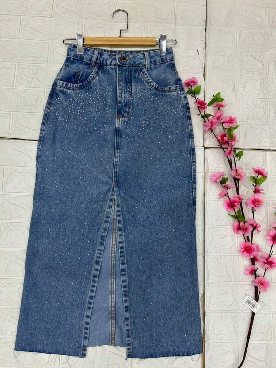 Denim Midi Skirt With Glitter And Frayed Hem. - 大理石藍 - 查看 1