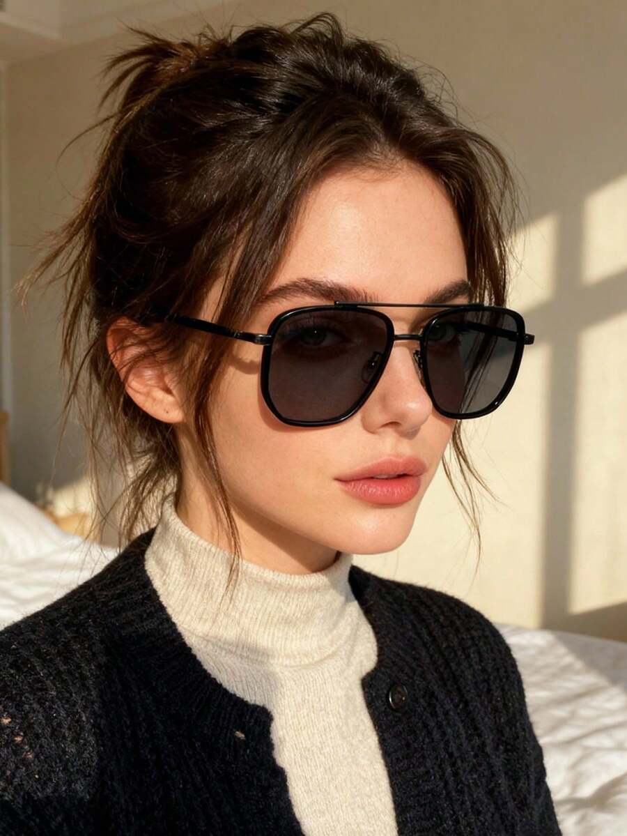 1pc New Fashionable European & American Style Square Frame Retro Double Bridge High-End Casual Women Fashion Glasses - 黑框灰片 - 查看 1