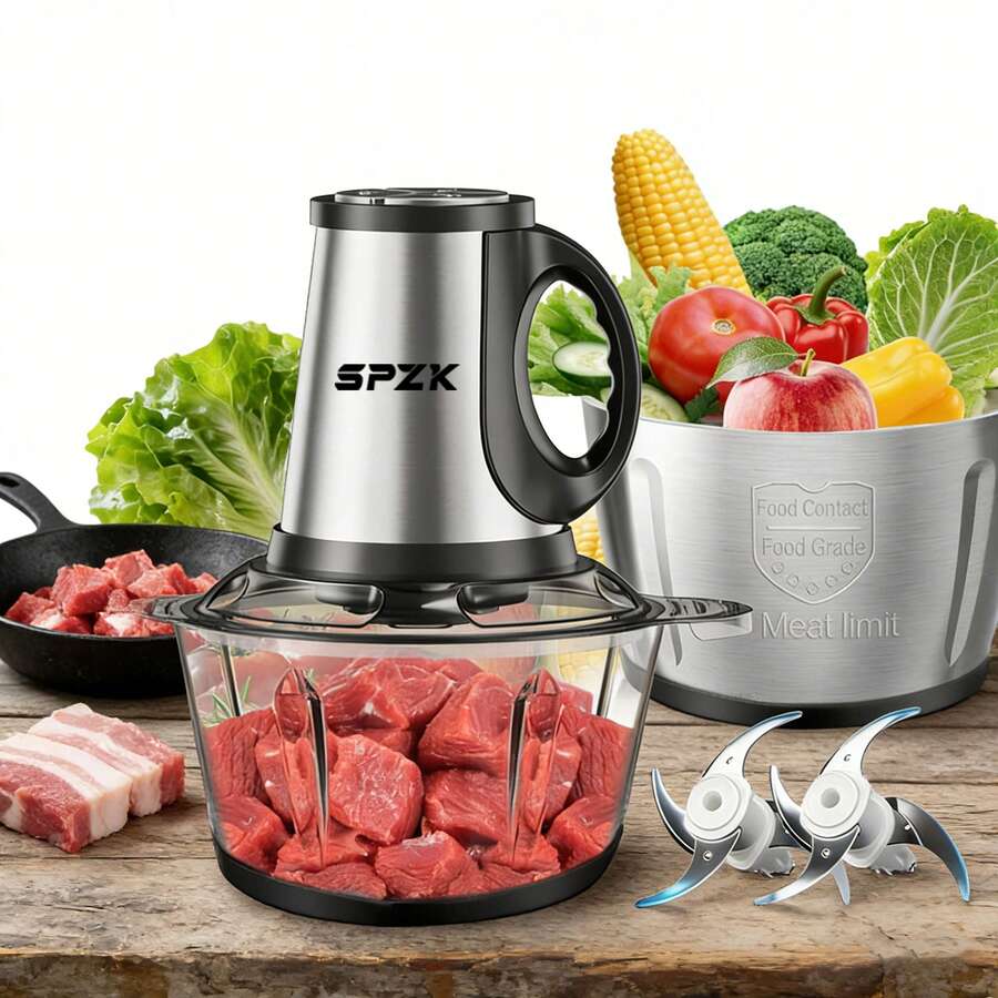 SPZTJK 2 Bowls Food Processors, Electric Food Chopper With Meat Grinder & Vegetable Chopper - (8 Cup+8 Cup) Electric Vegetable Chopper - 3L 300W Meat Grinder - Includes 2 Sets Of Bi-Level Blades For For Meat/Fish/Vegetable/Baby Food, Stainless Steel Mincer - Xem 1