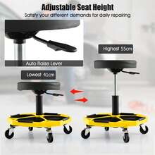 COSTWAY Adjustable Rolling Creeper Stool, Pneumatic Rolling Mechanic Stool W/ Tool Storage Tray, 4 Universal Wheels, Functional Creeper Seat For Garage, Repair Shop, 330 LBS Max Load, Yellow - A - View 6