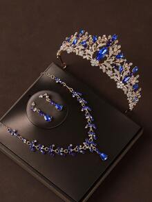 4件套新娘婚礼蓝色皇冠项链耳环优雅首饰套装，适合婚礼派对 - 藍色 - 查看 2