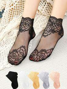 1/5/10双装女士蕾丝船袜，薄款隐形低帮透明镂空防滑袜，春夏款 - 彩色 - 查看 2