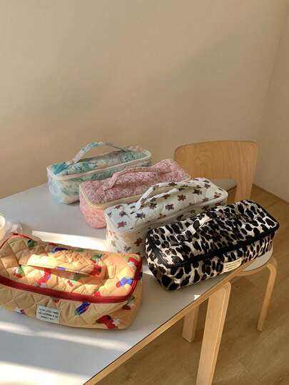 1个大容量粉色碎花吹风机收纳袋，时尚复古豹纹多隔层吹风机收纳袋，卷发棒收纳袋，可爱发梳收纳袋，耐热卷发棒收纳袋，实用旅行洗漱包，化妆品收纳袋