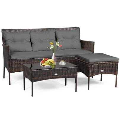  COSTWAY 3-Piece Outdoor Conversation Set, Patio PE Rattan Furniture Set With Comfortable Cushions, Tempered Glass Coffee Table For Backyard, Poolside, Garden, Grey
