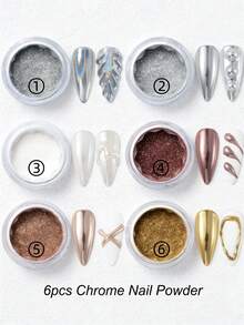 6pcs/Set Metallic  Nail Powder, Shiny Nail Powder, Fashion/Silver/Gold/White, 6 Colors Magic Mirror Nail Powder Set, Nail Art Decorations, Nail Salon Supplies - Multicolor - View 2