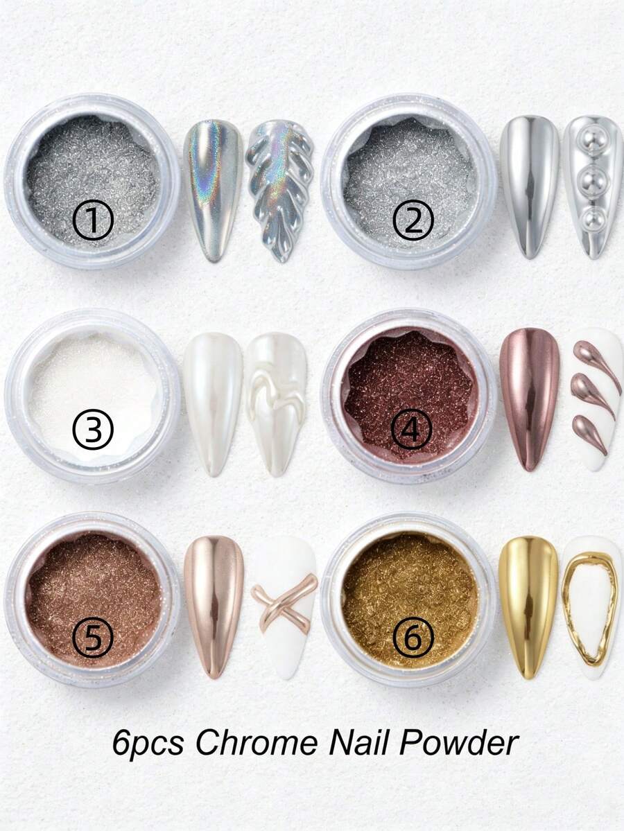 6pcs/Set Metallic  Nail Powder, Shiny Nail Powder, Fashion/Silver/Gold/White, 6 Colors Magic Mirror Nail Powder Set, Nail Art Decorations, Nail Salon Supplies