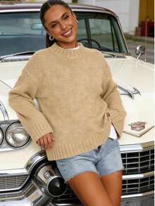 2026 Top  Women's Casual Sporty Aesthetic Oversized Loose Fit Chunky Knit Crew Neck Sweater Soft Cozy Textured Long Sleeve Top Relaxed Silhouette Streetwear Style Versatile Daily Wear For Coffee Dates Weekend Hangouts Campus Outings Available In Red Gray Dark Gray Brown Light Blue Beige Multi Fashion Colors - Lạc đà - Xem 3