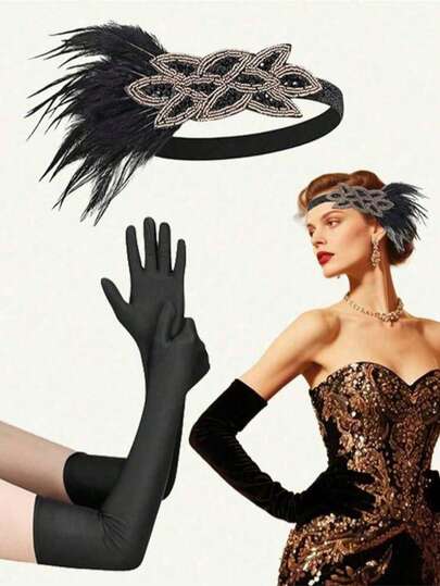 1920s Flapper Girl Costume Accessories Set, Includes Headband And Long Gloves, Suitable For Parties, Balls, Galas, Vintage Events, Formal Occasions, Social Gatherings And Celebrations; 1920s Flapper Sequin Headpiece Headband For Women